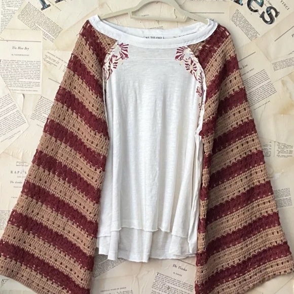Free People Festival Ready Tee We The Free Crochet Knit Sleeve Ivory Combo - Picture 4 of 5
